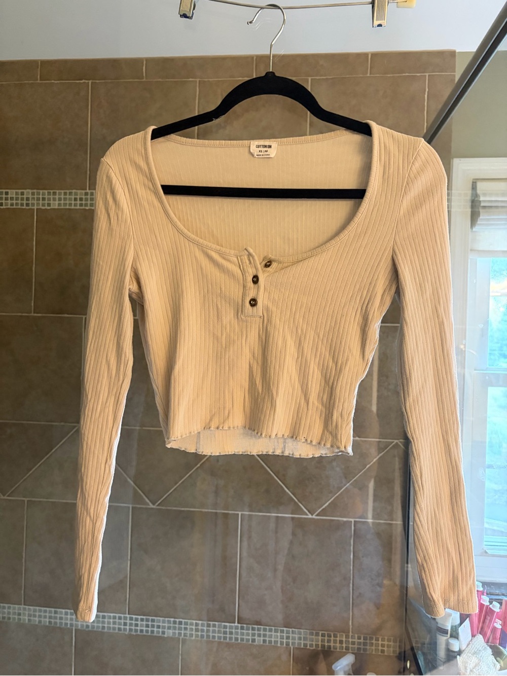 Cotton On Cream Ribbed Long Sleeve Henley Crop Top